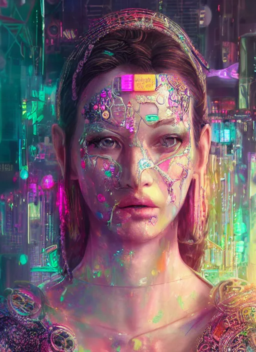 Prompt: detailed realistic full body colorful pastel painting of a cyberpunk female in intricate clothing, beautiful face, elegant pose, fantasy, illustration, insanely detailed and intricate, octane render, 4k