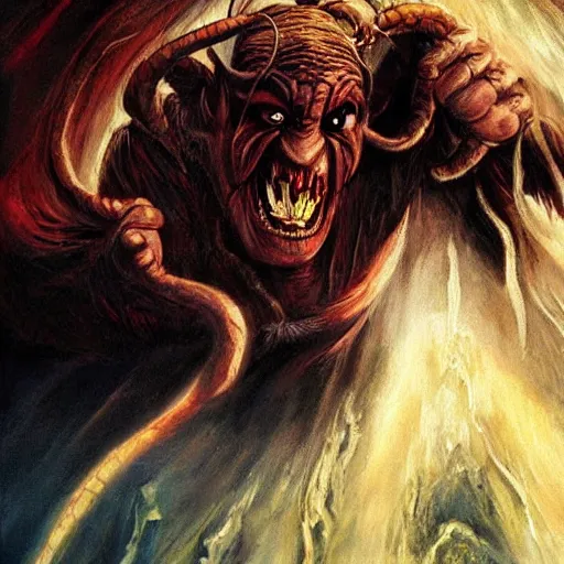 Image similar to balrog from the lord of the rings in the style of an oil painting, direction by peter jackson, still from the movie