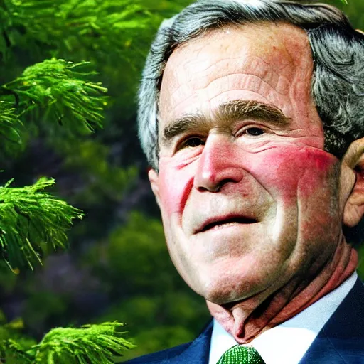 Image similar to george bush covered in green foliage, high detail