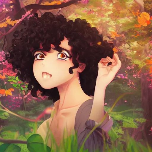 Image similar to A brown girl with black curly hair in a colorful forest, anime, highly detailed, artstation, 8k,