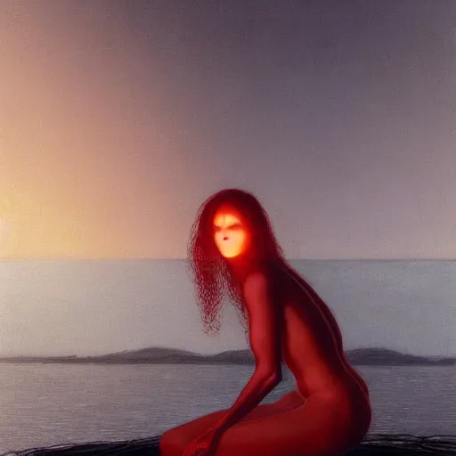 Prompt: liminal!!, portrait, shore of the lake, woman, wrapped around by glowing tubes and cables, short black curly hair, glowing red, by edgar maxence and ross tran, zdzisław beksinski, and michael whelan, distant, gustav dore, h. r. giger, 8 k, octane render