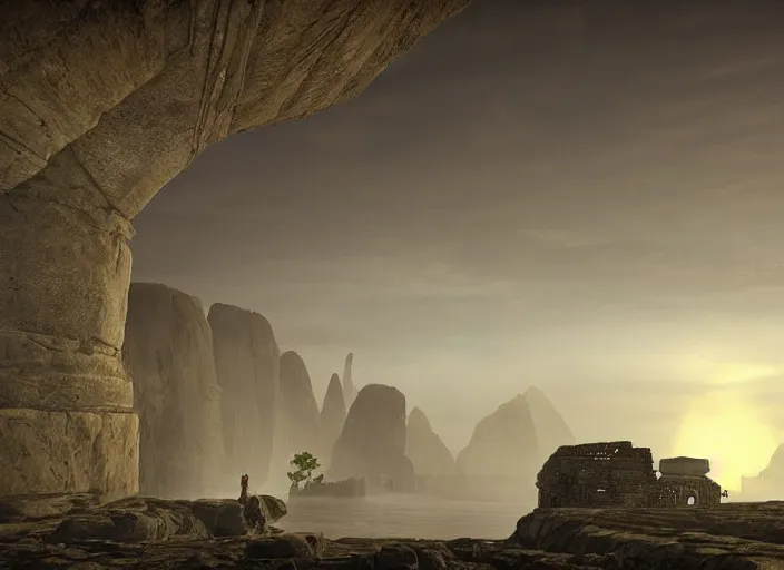 Image similar to a land of ruins of lost civilization with a distant fort in the middle, pure gold pillars, water tunnels below and a magical time gate to another dimension, a man wearing a white robe standing watching over, dramatic lighting, dawn, by caspar david friedrich, unreal engine 5