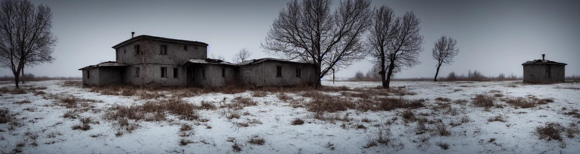 Image similar to landscape, lonely soviet house, abandoned, lifeless, winter, mud, atmospheric, mystical, very detailed 4 k