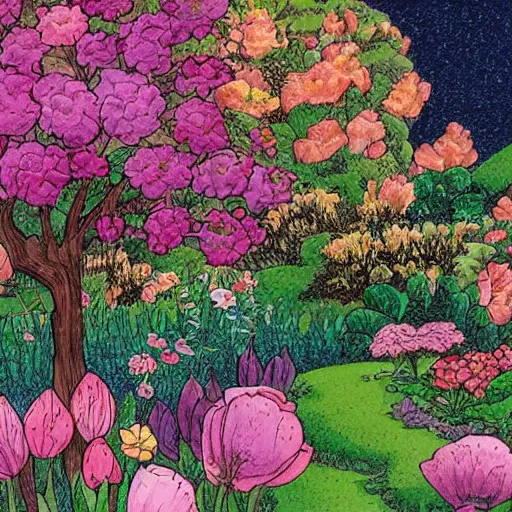 Prompt: a fantasy illustration of a blooming garden