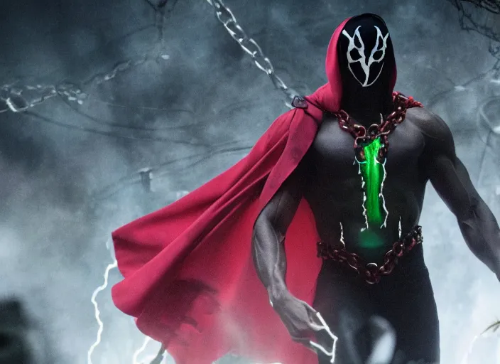 Image similar to film still of michael b jordan as spawn in the new spawn movie, giant chains, large cape, 8 k