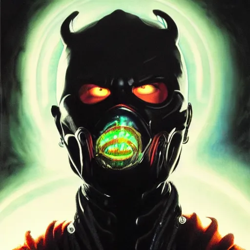 Prompt: a dark and colorful close - up side profile portrait of a mortal kombat chraracter with led lights glowing fog in the background. highly detailed science fiction painting by norman rockwell, frank frazetta, and syd mead. rich colors, high contrast, gloomy atmosphere, dark background. trending on artstation