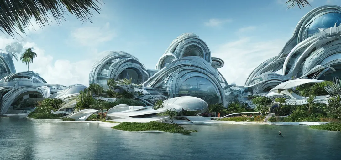 Prompt: highly detailed futuristic architecture by Frank Lloyd Wright and Zaha Hadid, reflective lighting, plastic vegetation, holographic signs, ground-level view, puddles of turquoise water, stunning sunny lighting, sunrise, vivid colors, in the style of pixar animation, trending on Artstation, 8k, matte painting, ray tracing, hyper detailed, unreal engine 5, cinematic, epic lighting, cryengine, octane render, cyberpunk, red and orange glow, vibrant