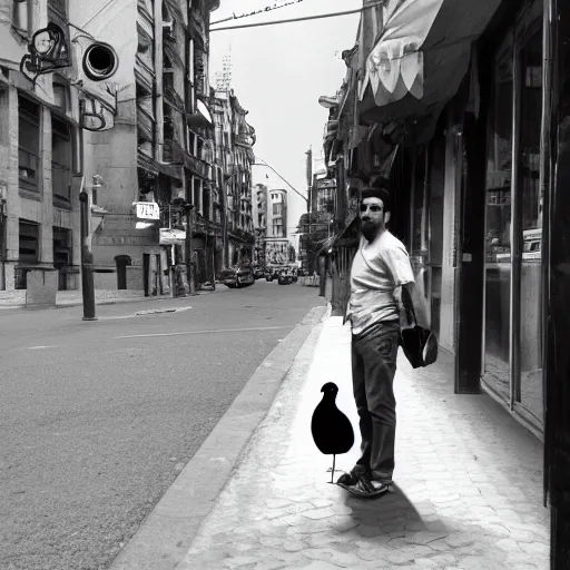 Image similar to surveillance camera footage, black and white, xavi hernandez on the street holding a pigeon