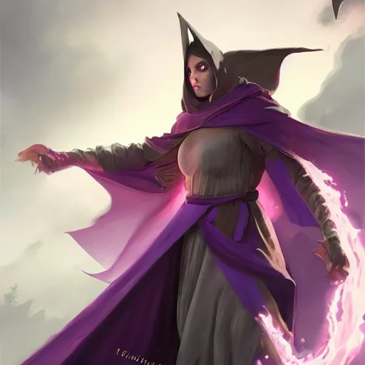 Prompt: female warlock long hood cloak purple, fighting monster with magic, 8 k, trending on artstation by tooth wu and greg rutkowski