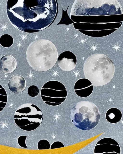 Image similar to A collage of the moon landing, mid-century modern, made of random shapes cut from magazines