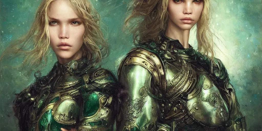 Image similar to epic masterpiece portrait of warrior played by sasha luss, followed by head with many souls, beautiful face and flawless skin, perfect hands, emeralds by Edgar Maxence and Ross Tran and Michael Whelan