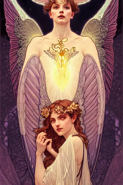 Image similar to Tarot card of an angel girl with glowing halo and highly detailed intricate wings, art nouveau, fantasy, intricate, elegant, highly detailed, digital painting, artstation, concept art, smooth, sharp focus, illustration, art by Krenz Cushart and Artem Demura and alphonse mucha