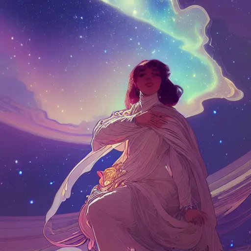 Prompt: highly detailed digital of colorful nebulas, planets in the background, highly detailed, intricate design, cinematic view, 8 k resolution, artstation by alphonse mucha, moebius, krenz cushart