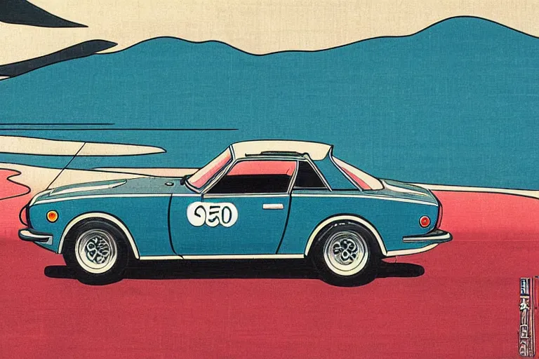 Image similar to ukiyo - e painting of a detailed 1 9 6 9 datsun fairlady roadster