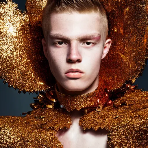 Prompt: a portrait of a beautiful young male wearing an alexander mcqueen armor made of glitter , photographed by andrew thomas huang, artistic