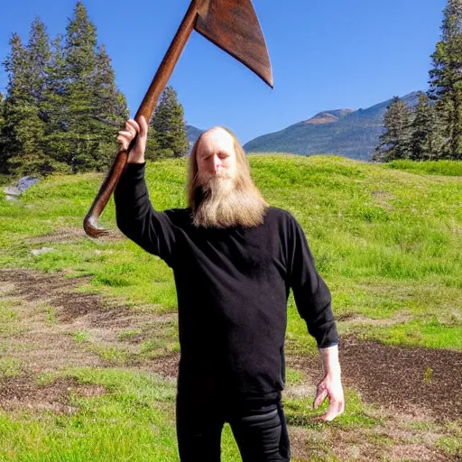 Prompt: varg vikernes posing with a spear in hand with geisel library in the background