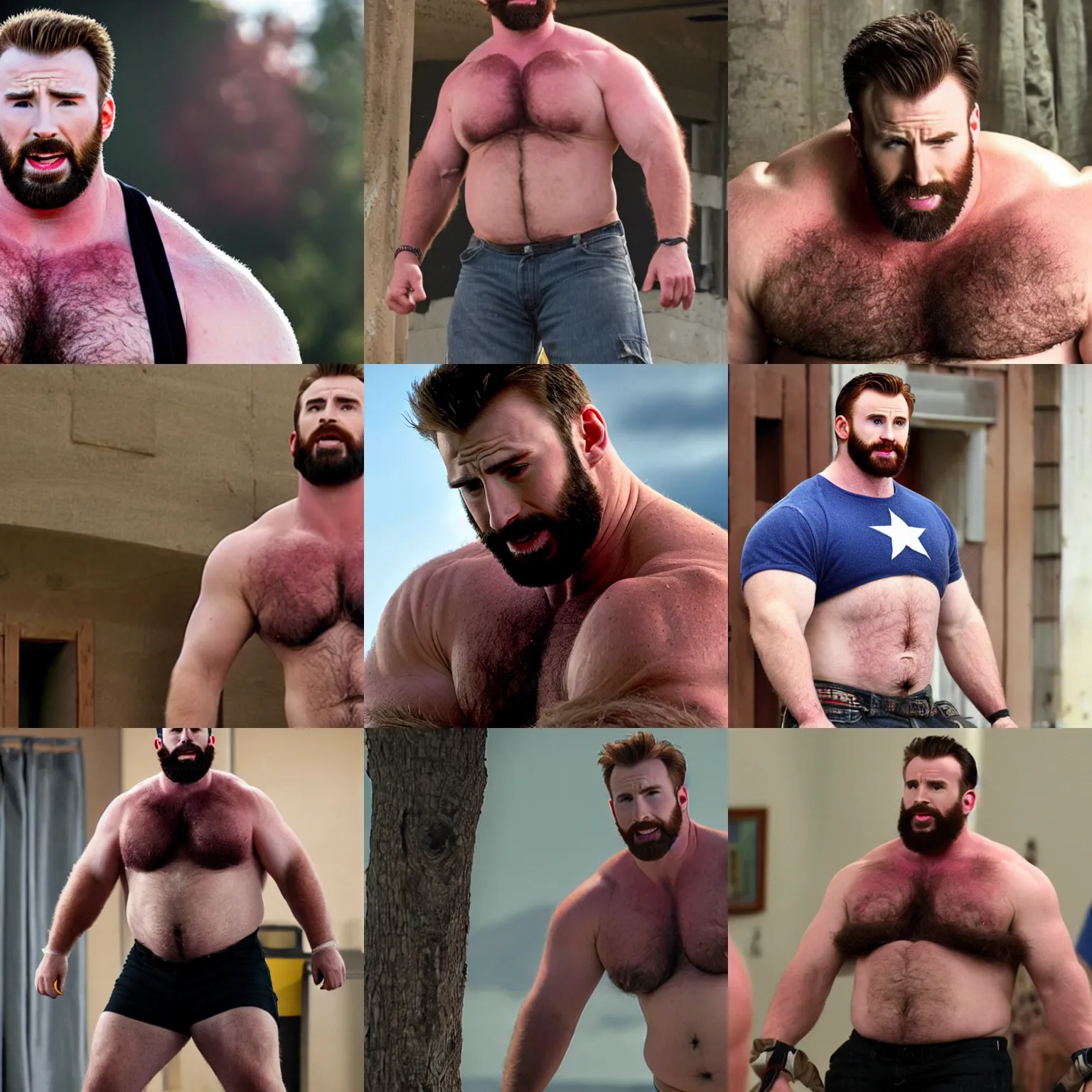 Prompt: chris evans as a big burly padded hairy strongman