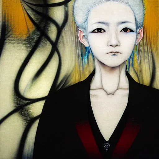 Image similar to yoshitaka amano blurred and dreamy realistic three quarter angle portrait of a woman with white hair and black eyes wearing dress suit with tie, junji ito abstract patterns in the background, satoshi kon anime, noisy film grain effect, highly detailed, renaissance oil painting, weird portrait angle, blurred lost edges