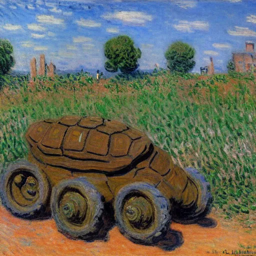 Image similar to tortoises next to artillery guns by claude monet