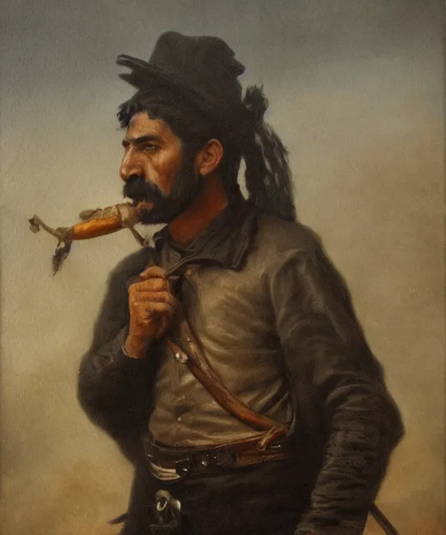 Image similar to ultra realistic color portrait painting of a spanish bandolero 1 9 th century with a trabuco, dark, painted, brooding, atmospheric, landscape, smooth, epic, highly detailed, cinematic