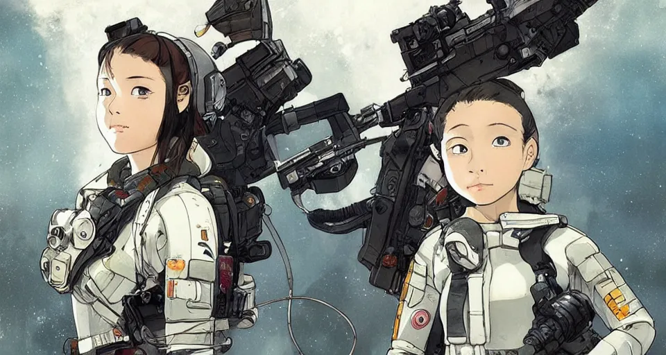 Prompt: pretty young girl with white and black ancestral ornate japanese tactical gear on an abandoned spaceship, long shot, rule of thirds, golden ratio, graphic novel by fiona staples and dustin nguyen, art by beaststars and orange, peter elson, alan bean, studio ghibli, makoto shinkai