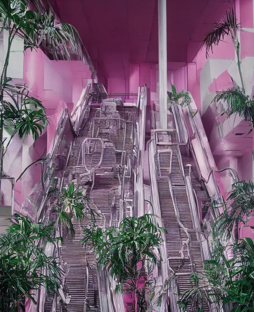 Prompt: 1980s color magazine photo of an escalator in an abandoned mall, with interior potted palm trees, and pink walls, decaying dappled sunlight, cool purple lighting