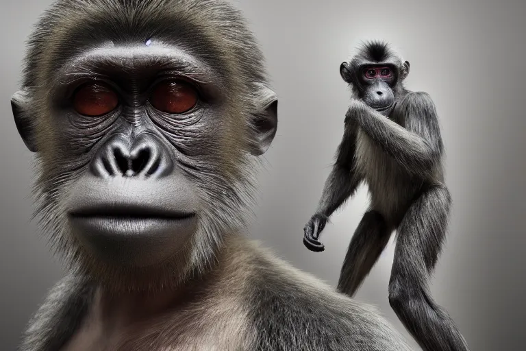 Image similar to Contamporary art fashion photography of ultra mega super hyper realistic detailed group of ultra mega super hyper realistic detailed monkey's in cyberpunk suits by Hiromasa Ogura . Photo shot from 30m distance on ultra mega super hyper Leica Q2 Camera, Rendered in VRAY and DaVinci Resolve and MAXWELL and LUMION 3D