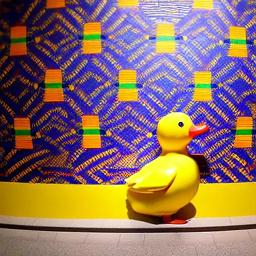 Prompt: wide shot, one! photorealistic rubber duck in foreground on a pedestal in cavernous museum, the walls are covered floor to ceiling with colorful tesselated geometric wall paintings in the style of sol lewitt, tall arched stone doorways, through the doorways are more mural paintings in the style of sol lewitt.
