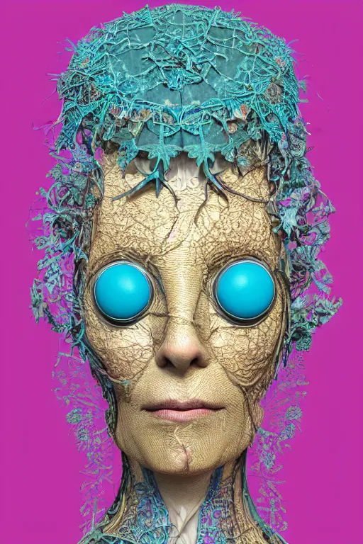 Prompt: cinema 4d colorful render, ultra detailed, of a beautiful translucid porcelain old woman face, cracked. biomechanical cyborg, analog, 35mm lens, beautiful natural soft rim light, big leaves and stems, roots, fine foliage lace, turquoise gold details, Alexander Mcqueen high fashion haute couture, art nouveau fashion embroidered, intricate details, mesh wire, mandelbrot fractal, anatomical, facial muscles, cable wires, elegant, hyper realistic, in front of dark flower pattern wallpaper, ultra detailed, 8k post-production