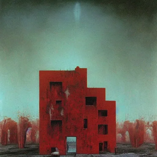 Image similar to surrealist painting of a brutalist building turning into meat, red fungus, post apocalyptic, tropical landscape, painted by beksinski