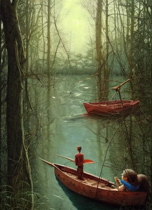 Image similar to boat in the woods by a river gorgeous lighting, lush forest foliage blue sky a hyper realistic painting by chiara bautista and beksinski and norman rockwell and greg rutkowski, tom bagshaw weta studio, and lucasfilm