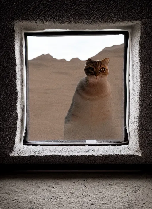 Image similar to cat inside a window watching a martian landscape