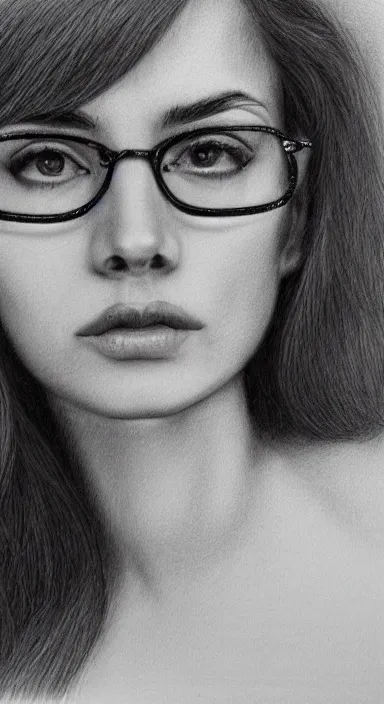 Prompt: highly detailed pencil sketch portrait of a beautiful woman with nerdy eyeglasses
