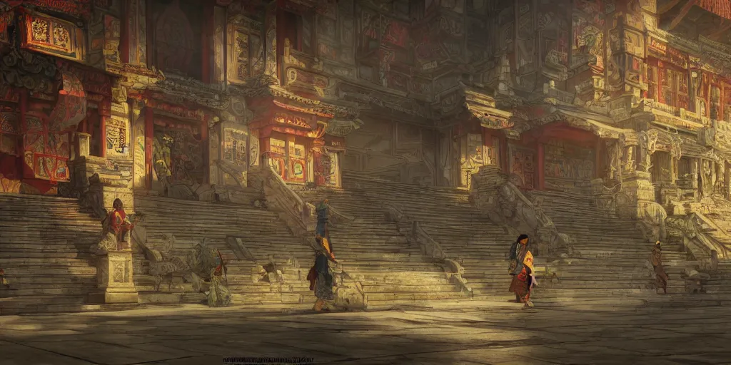 Image similar to vietnamese temple scene, side scroller, 2 d game art background, sharp, detailed, intricate, game level design, cinematic lighting, ultrarealistic, photorealistic, trending on artstation, in the style of yoji shinkawa and greg rutkowski and federico pelat and wlop and karol bak and bouguereau and santiago caruso