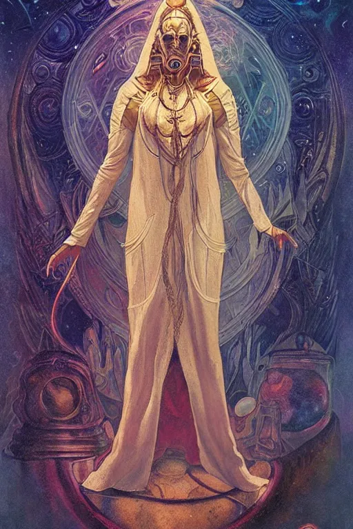 Image similar to ancient mystic time lord, archon, attractive female, character design, painting by steve ellis, alex grey, greg rutkowski, carl larsson, tom of finland