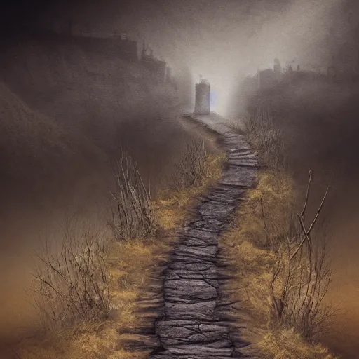 Image similar to a long winding pathway with no terrain on either side, creepy, gloomy, nightmare, dark rocks, dusty, sepia tones, with a mysterious dark castle at the of the path, digital art, 8 k, concept art, trending on artstation