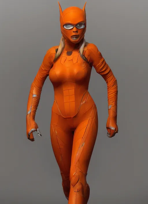 Image similar to teenage blonde girl wearing an orange superhero costume, au naturel, hyper detailed, digital art, trending in artstation, cinematic lighting, studio quality, smooth render, unreal engine 5 rendered, octane rendered, art style by klimt and nixeu and ian sprigger and wlop and krenz cushart