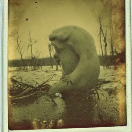 Image similar to creepy lovecraftian monster in swamp, 1 9 1 0 polaroid photo