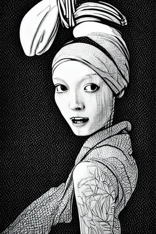 Image similar to beautiful portrait of a woman, negative no not the girl with a pearl earring, highly detailed ink illustration of a narrow neon lit tokyo alley, b & w clean shaped illustration by kim jung gi, ric estrada, ron english and eiichiro oda