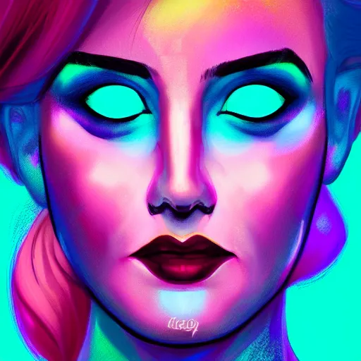 Image similar to portrait of a woman inspired by lois van baarle, iridescent, holographic, neon, glowing, self confidence, light make up