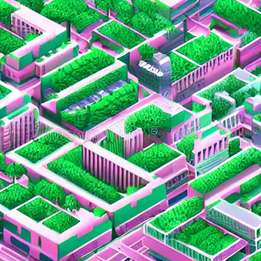 Prompt: isometric illustration of a dense urban city, lots of tall buildings and trees, pastel green and pastel pink colors, fun, soft, highly detailed, 3d render, playful, sharp lines, toon shader