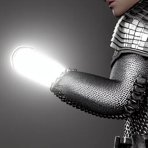 Image similar to tight fitting chainmail armour on an arm. low key cinematic lighting. concept illustration, realistic render