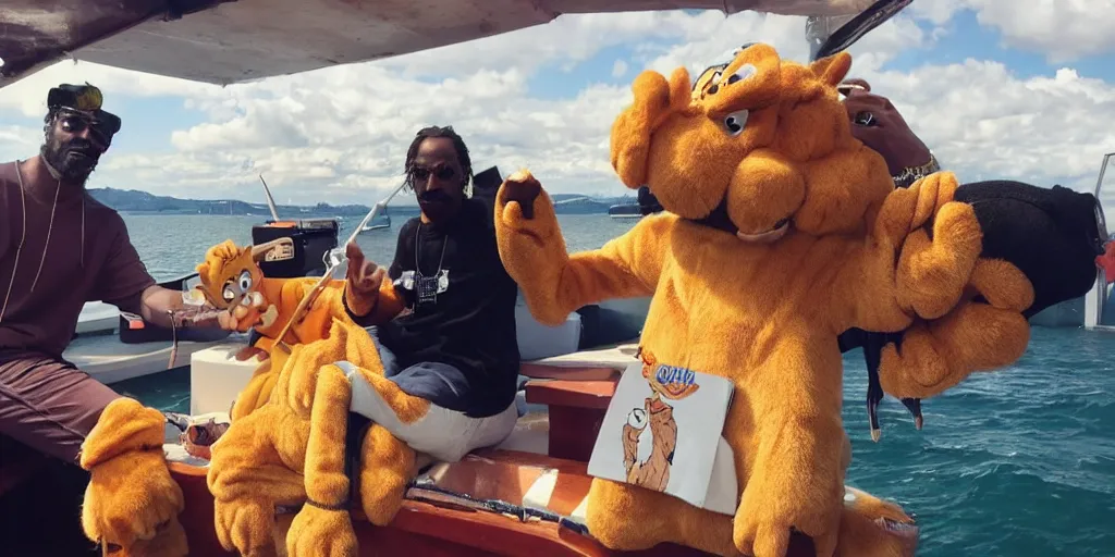 Prompt: garfield on a boat with snoop dogg