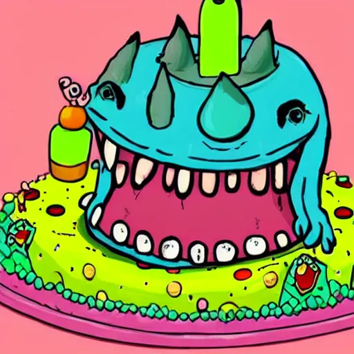 Image similar to grotesque slimy nightmare monster opens its mouth revealing a colorful birthday cake