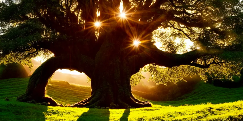 Prompt: magical hobbits shire. big old tree above. golden hours