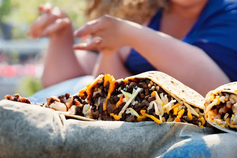 Prompt: obese woman eating a giant burrito sitting at a baseball game, photograph,