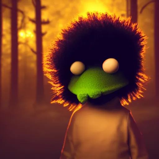 Prompt: focus portrait of dark angry muppet in night, dark forest background, bokeh, octane render