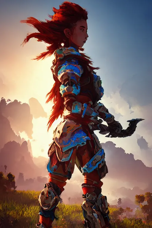 Image similar to combination suit armor aloy horizon forbidden west horizon zero dawn radiating a glowing aura global illumination ray tracing hdr fanart arstation by ian pesty and alena aenami artworks in 4 k tribal robot ninja mask helmet backpack