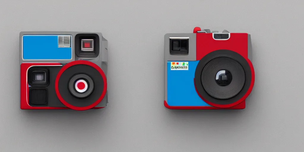 Prompt: a polaroid camera inspired by captain america, isometric design, made of concrete, 3 d product render