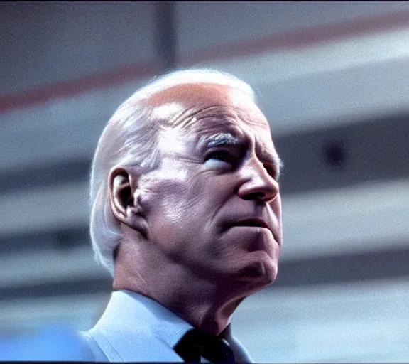 Prompt: color still shot of joe biden in film robocop 1 9 8 7, face closeup,